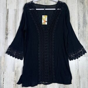 NEW! RAVIYA Women's‎ Beach Swimsuit Coverup Gauze Dress Large Black w Lace Front
